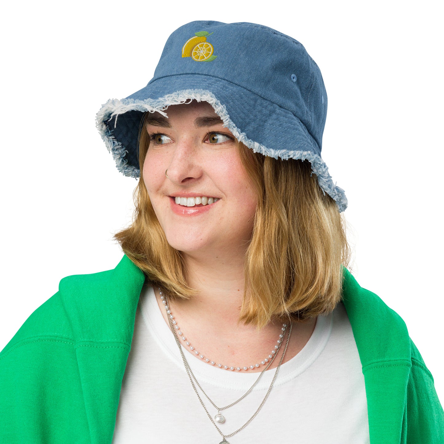 Lemon Distressed Denim Embroidered Bucket Hat